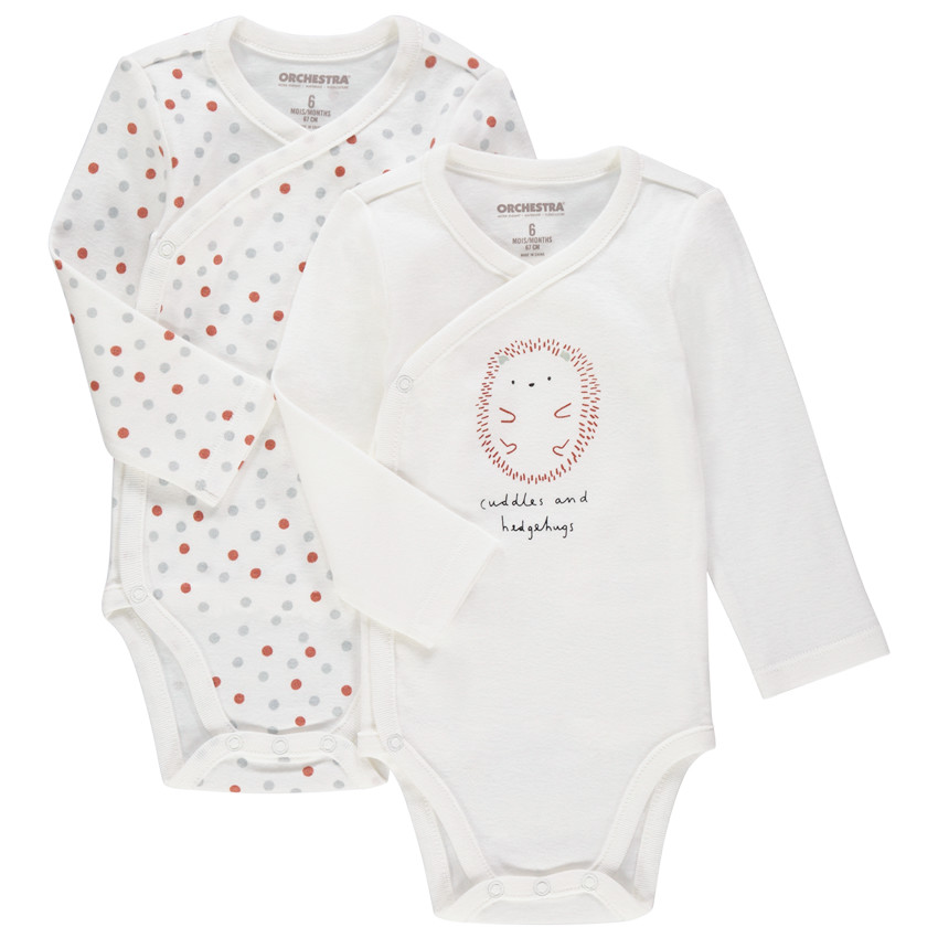 Lot de 2 bodies manches longues en coton bio à pois et print hérisson 