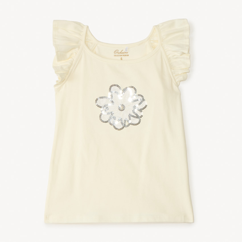 Débardeur manches fantaisie et fleurs en sequins pour fille