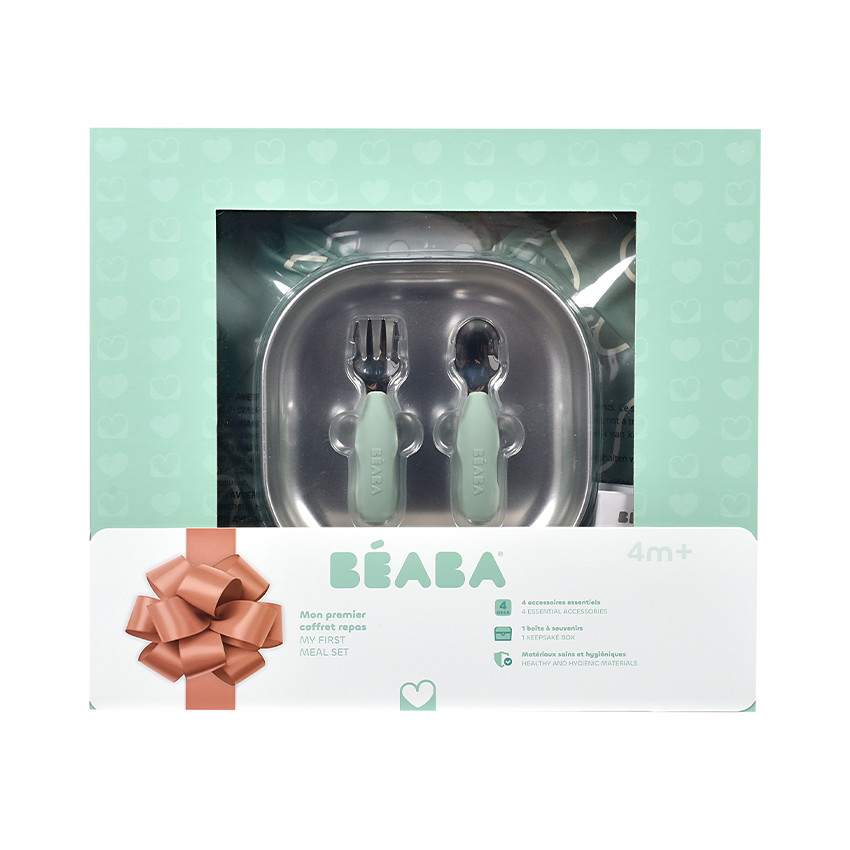 Coffret 1er repas assiettes+ couverts + bavoir vert sauge 