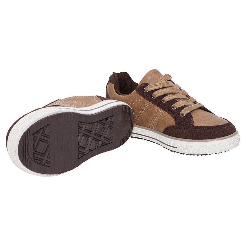 Baskets basses bi-matière à lacets choco camel 