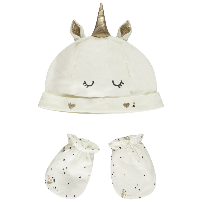 ensemble bonnet + moufles licorne pour bébé fille - ecru