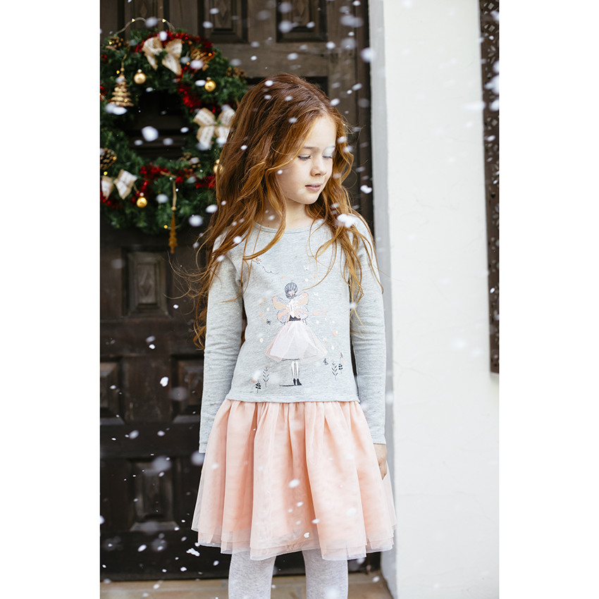 Robe manches longues bi-matière print danseuse pour enfant fille 
