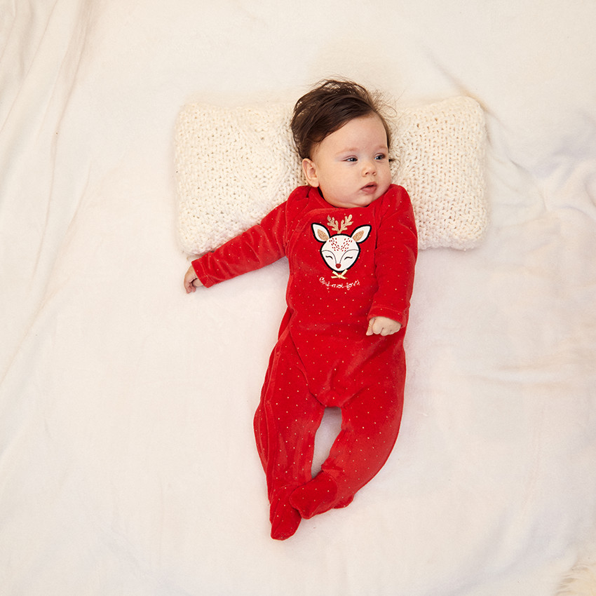 Dors-bien en velours avec patch brodé cerf et imprimé pois pour bébé fille 