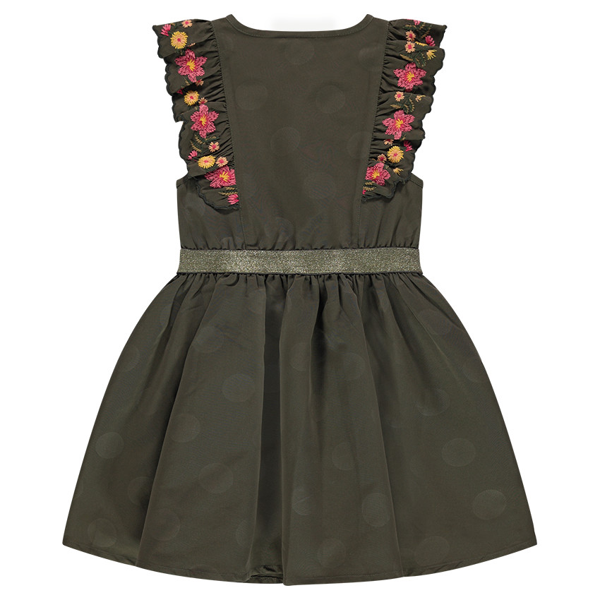 Robe en satin peau de pêche à manches volantées avec fleurs brodées. 