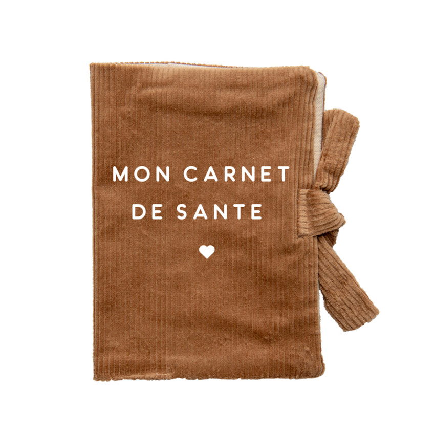 Protège carnet de santé printé en velours côtelé marron clair 