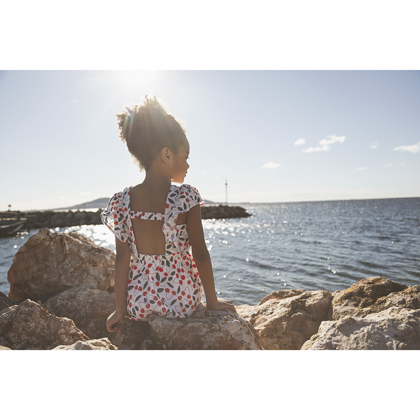 Robe manches courtes volantées imprimé cerises pour fille  