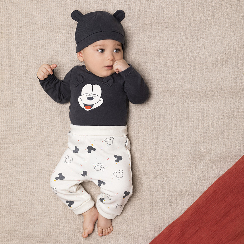 Ensemble en coton bonnet + body + pantalon imprimé Mickey Disney pour bébé  garçon