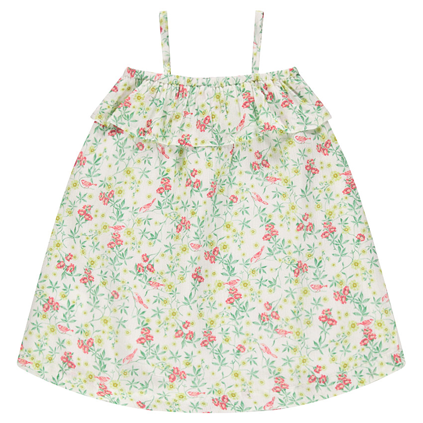 Robe fleurie en crépon à volant et fleur en tulle 