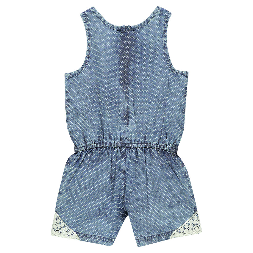 Combishort à pois en coton chambray et dentelle 