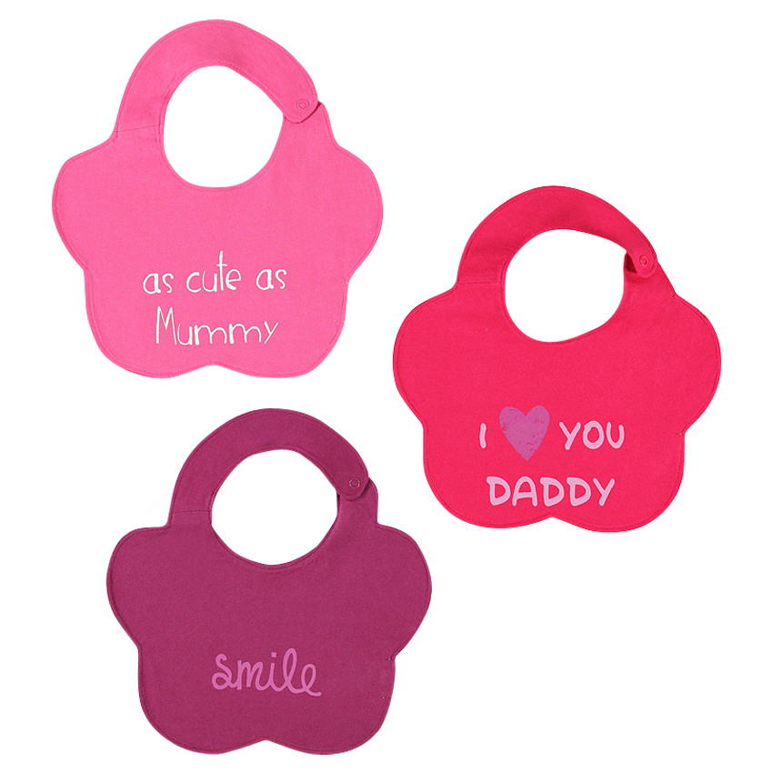 Lot de 3 bavoirs forme fleur avec inscriptions fantaisie Main Lot de 3 bavoirs forme fleur avec inscriptions fantaisie
