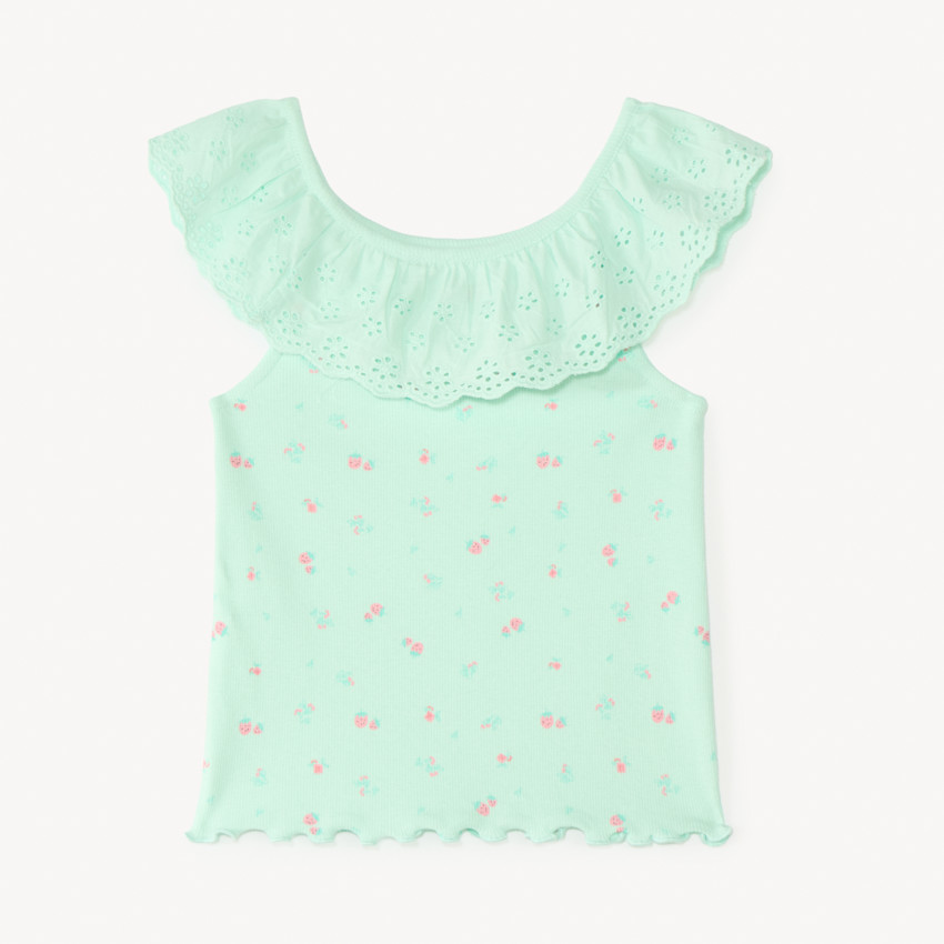 Débardeur col volanté en broderie anglaise et imprimé fraise pour bébé fille 