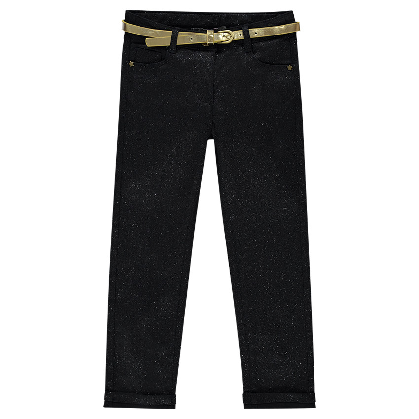 Pantalon slim à paillettes et ceinture dorée 