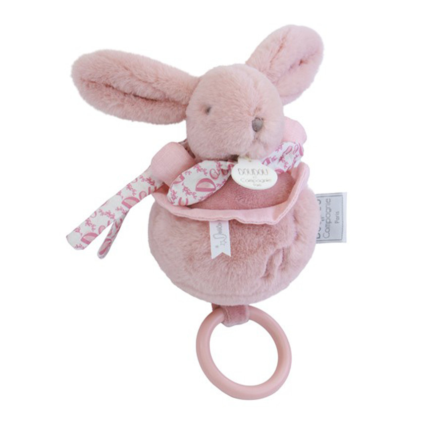 Peluche lapin doudou boîte à musique rose  