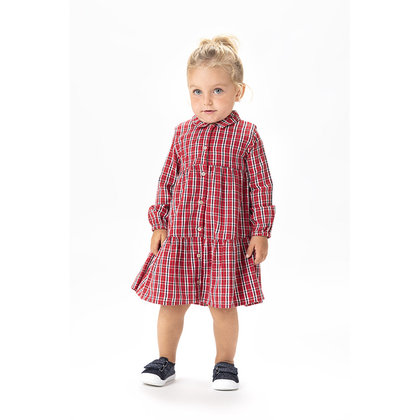 Robe manches longues en toile imprimé carreaux pour bébé fille 