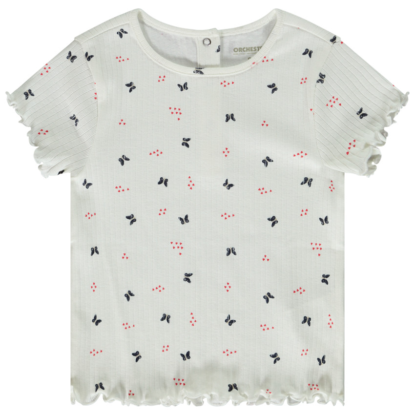 T-shirt manches courtes côtelé et imprimé papillon pour bébé fille