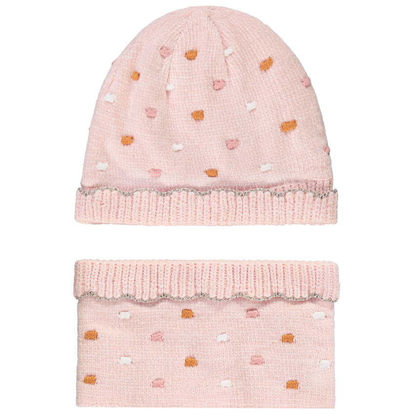 ensemble en tricot bonnet + snood pour bébé fille - rose clair