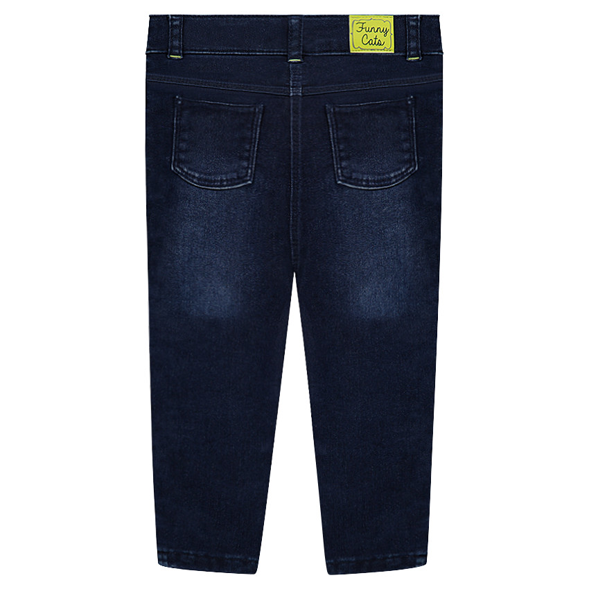 Jeans effet used doublé jersey avec têtes de chat brodées 