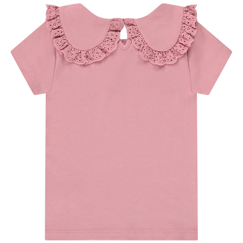 T-shirt manches courtes côtelé à col claudine brodé pour fille 