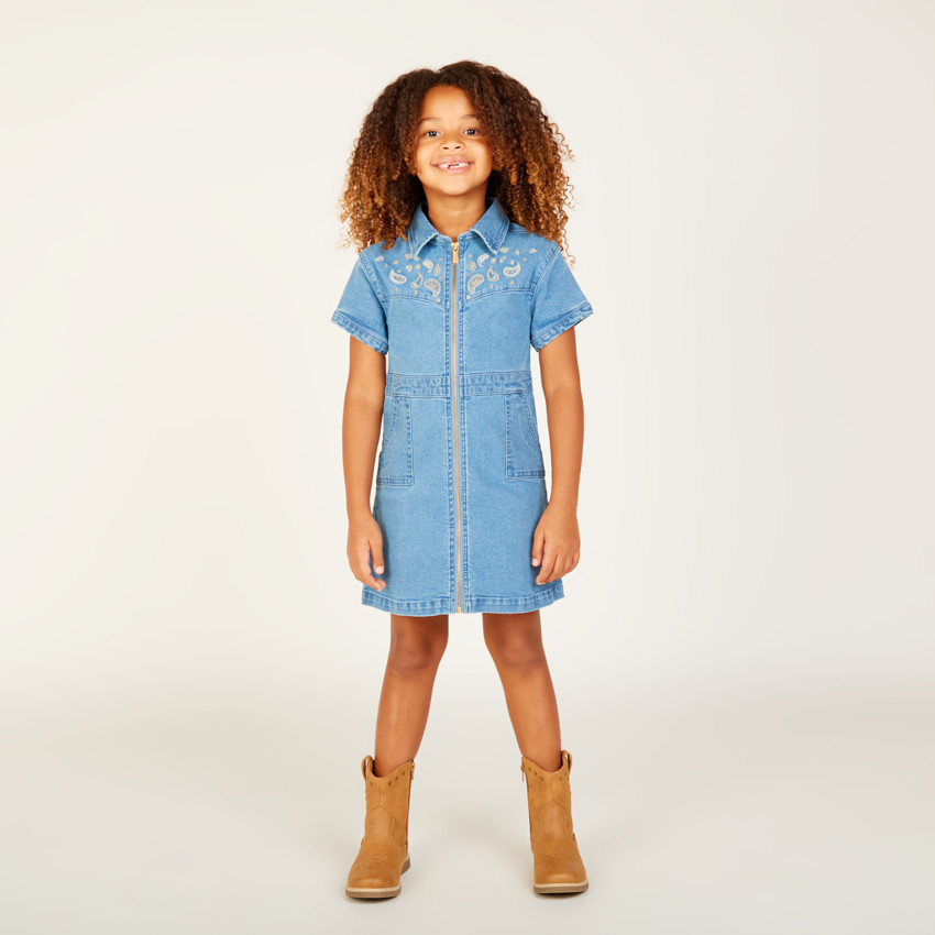 Robe manches courtes en jean brodé pour fille
