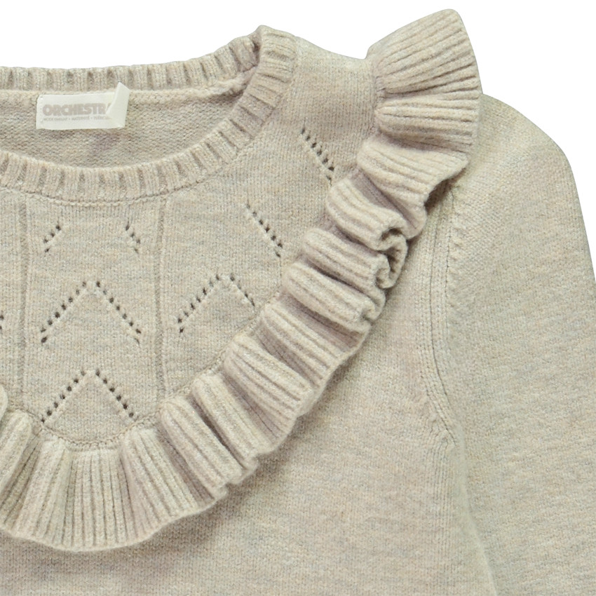 Pull à manches longues en tricot fantaisie avec volants et torsades pour fille 
