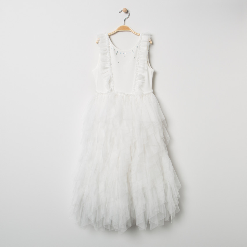Robe de cérémonie sans manches à volants en tulle et sequins 