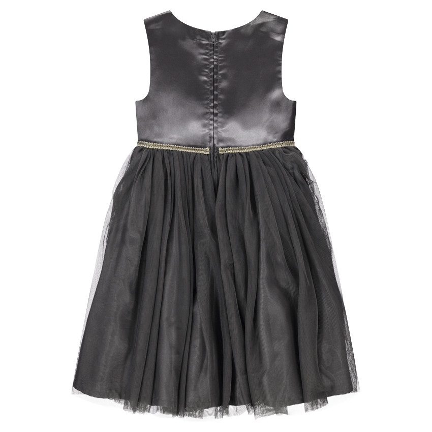 Robe grise sans manches bi-matière avec couronne brodée et galon doré 