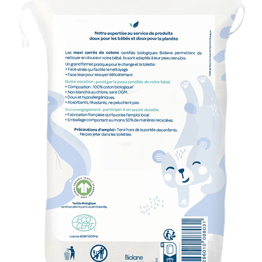 Paquet de 60 Maxi-carrés de coton 100% bio 