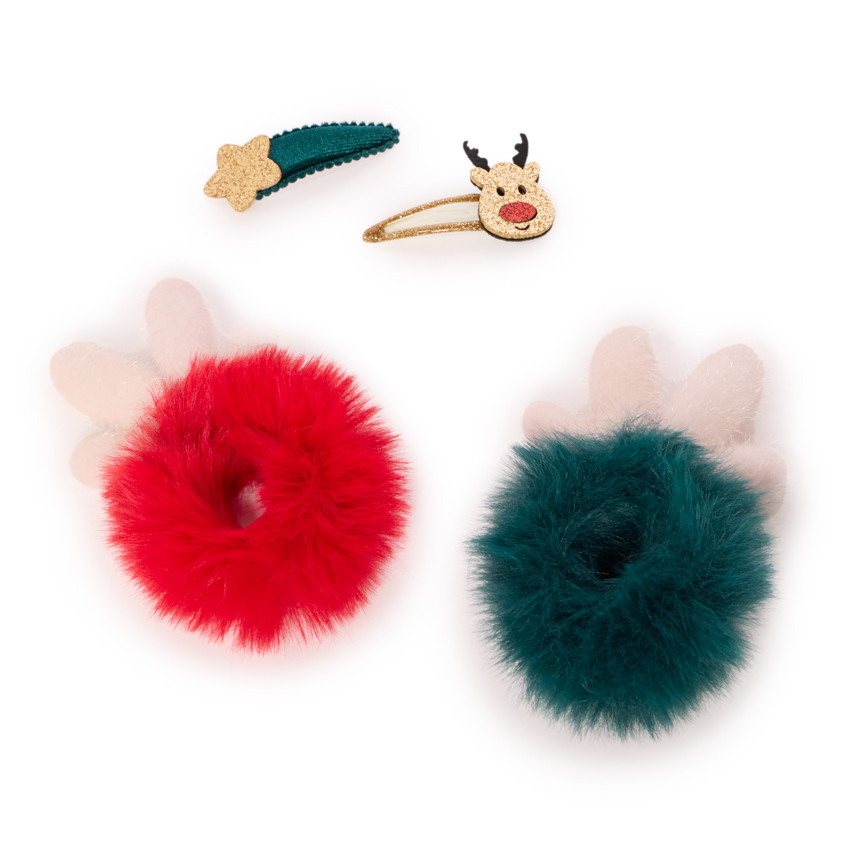 Lot de 2 chouchous + 2 barrettes Noël pour fille