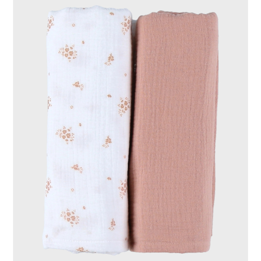 Lot de 2 langes 100x100cm Mousseline de coton bio Fleurs D'Antan