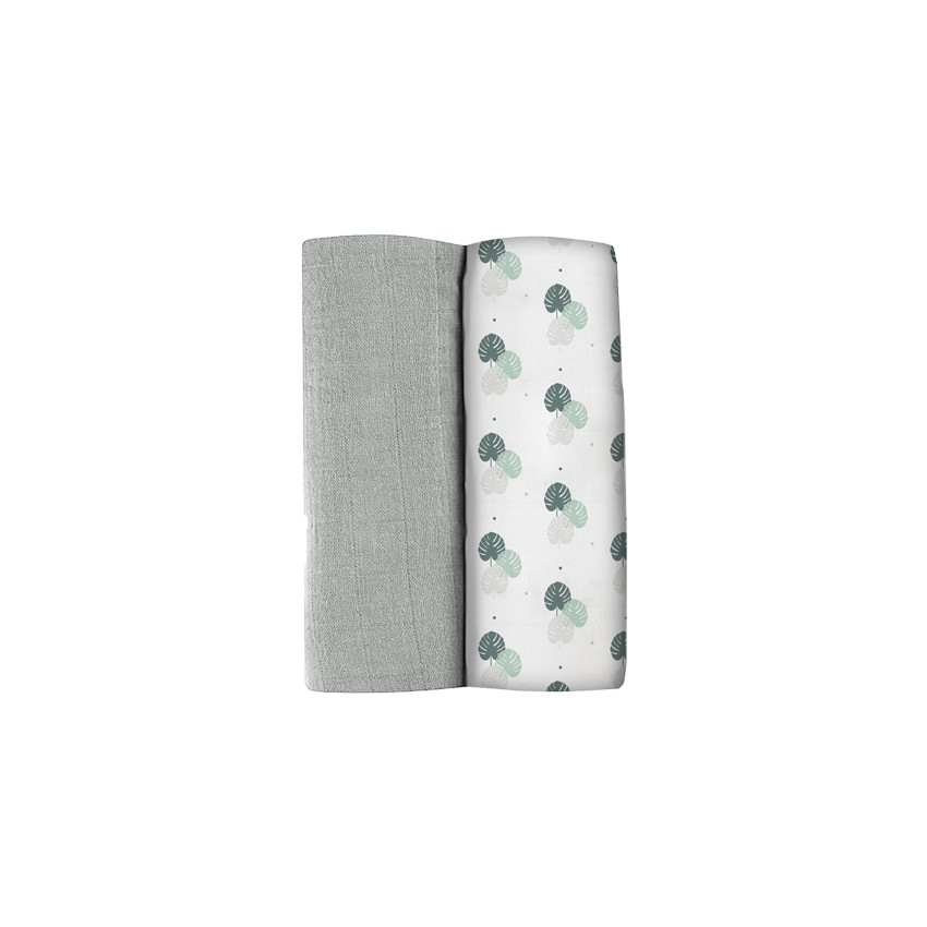 Lot de 2 langes en mousseline de coton 120cm - Gris/Jungle Main Lot de 2 langes en mousseline de coton 120cm - Gris/Jungle