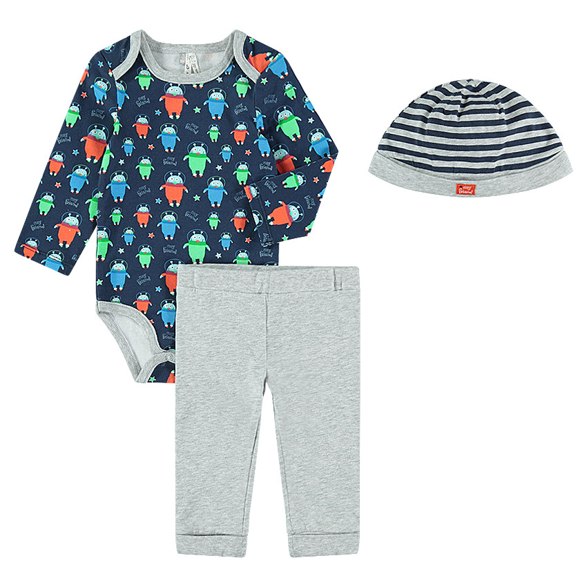 Ensemble body manches slongues imprimé all-over avec pantalon et bonnet rayé 
