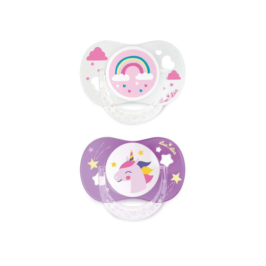Lot de 2 sucettes anatomiques en silicone 18M+ - Licorne/Arc-en-ciel 