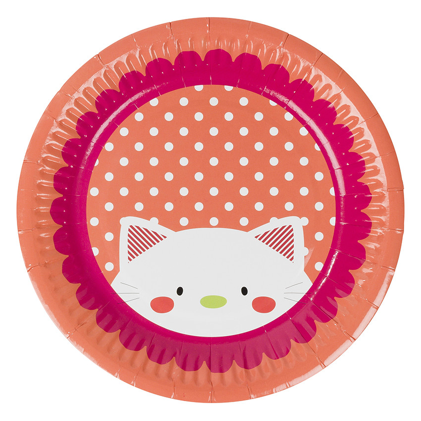 Lot de 10 assiettes anniversaire en carton motif chat Main Lot de 10 assiettes anniversaire en carton motif chat