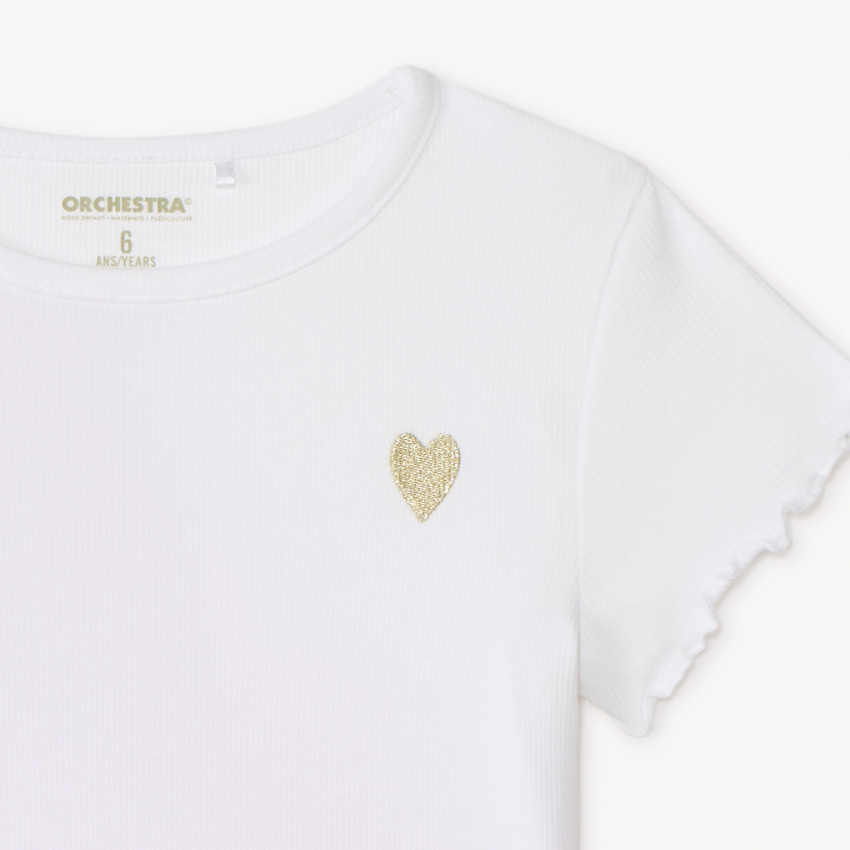 T-shirt manches courtes en maille côtelée uni broderie cœur pour fille 