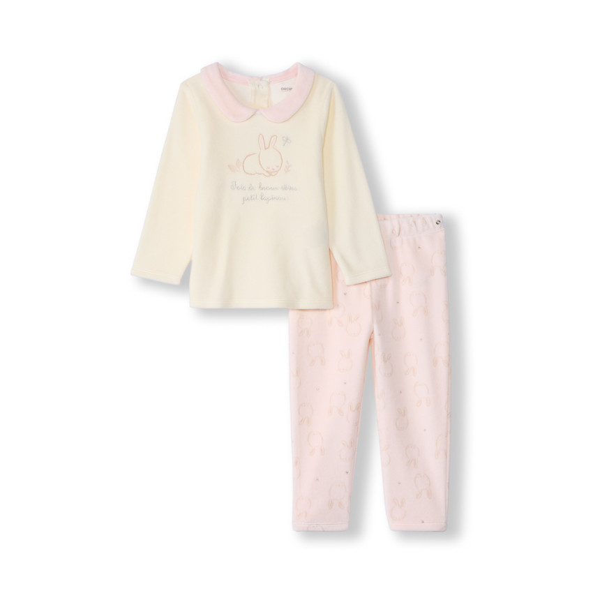 Pyjama 2 pièces lapin en velours pour bébé fille avec finitions différentes selon l'âge  
