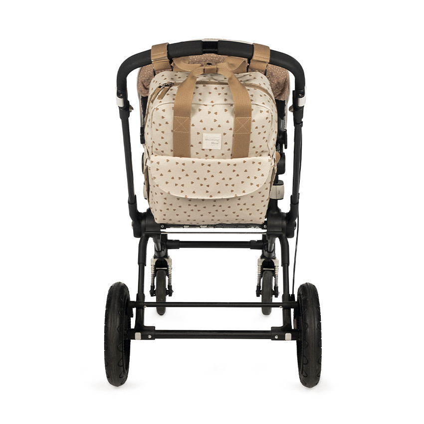 Sac à dos à langer imprimé cœurs Poppy + tapis cannelle 