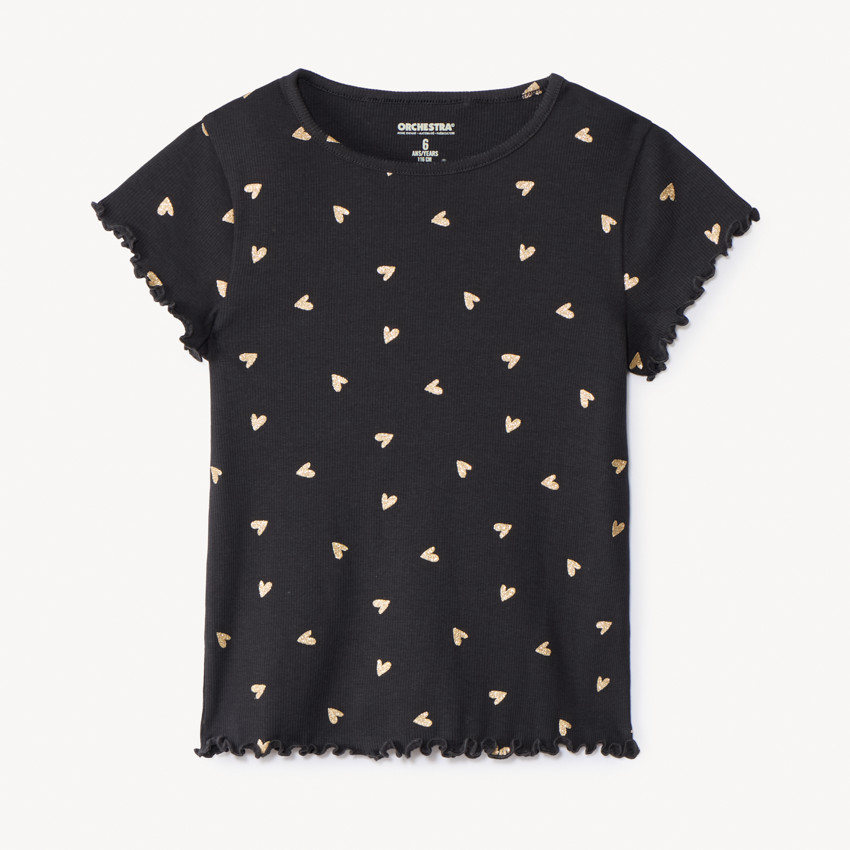 T-shirt manches courtes côtelé imprimé cœurs pailletés pour fille