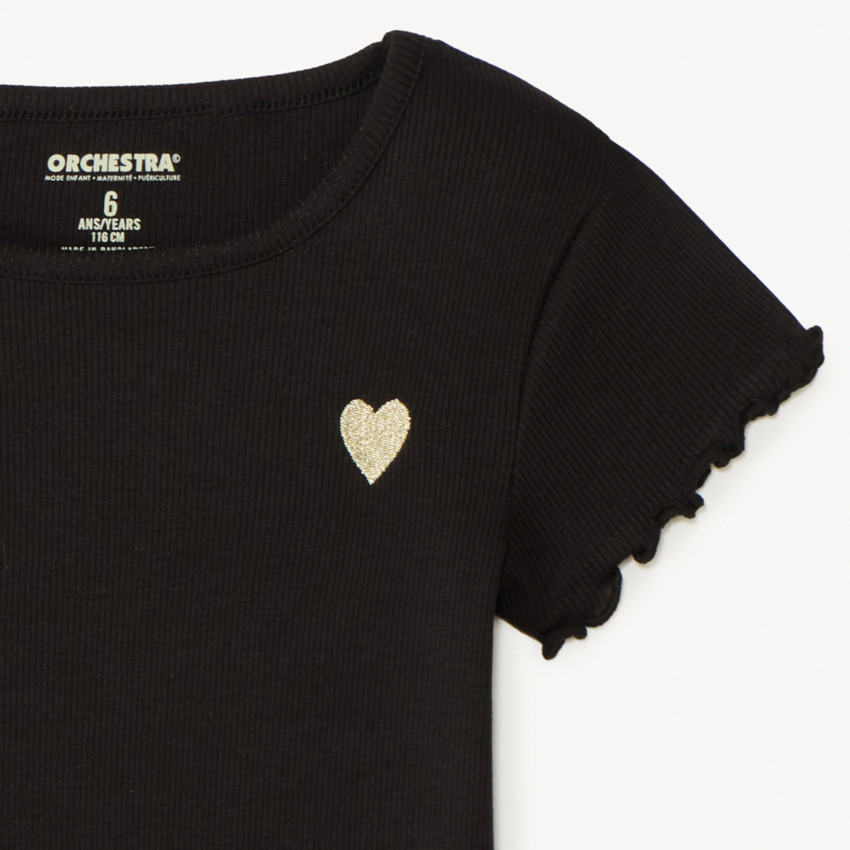 T-shirt manches courtes côtelé à cœur brodé pour fille 