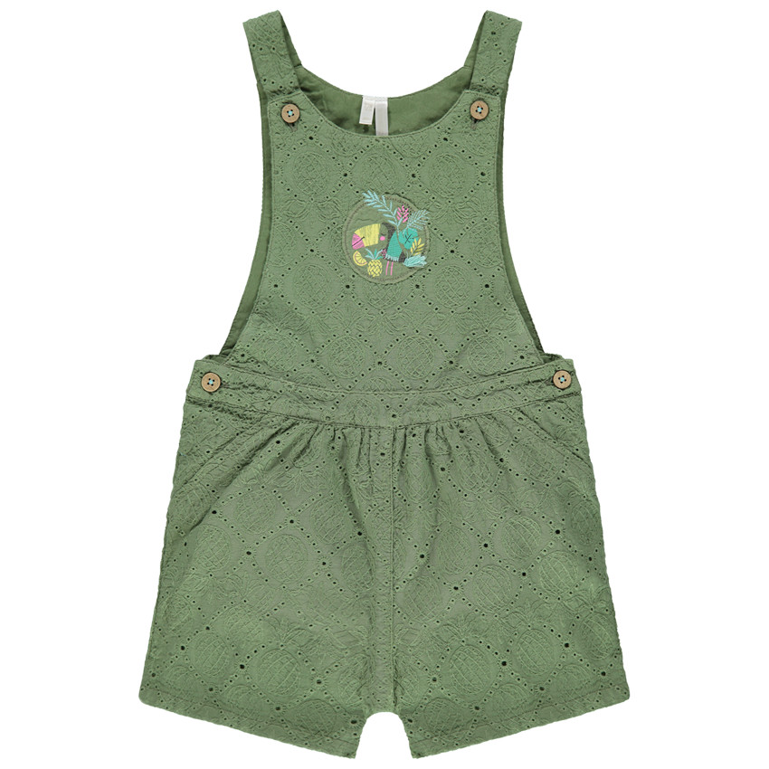 Salopette courte kaki en broderie anglaise et patch toucan 