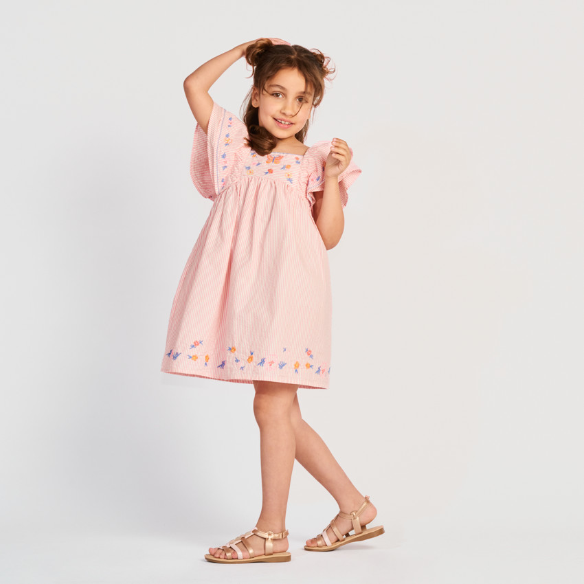 Robe manches courtes rayée et brodée pour fille