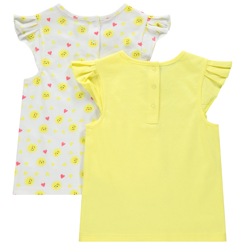 Lot de 2 t-shirts en coton bio uni/imprimé all-over à manches volantées 