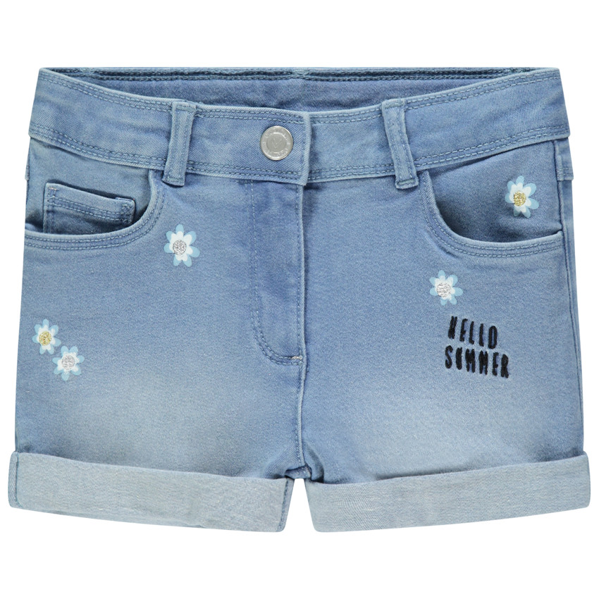 Short en jean délavé à fleurs brodées pour fille 