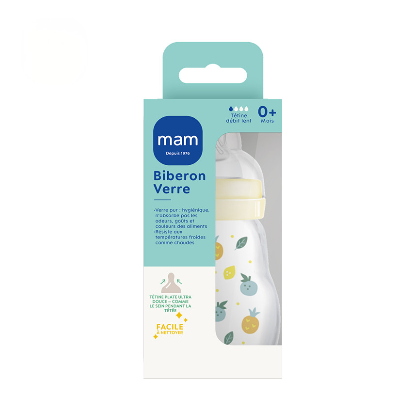Biberon en verre tétine débit 1 0-6 mois 170 ml – Blanc 