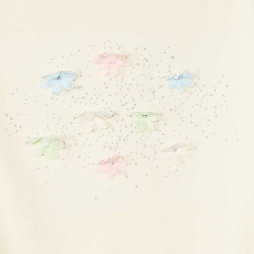 T-shirt manches courtes strass et fleurs 3D pour fille 