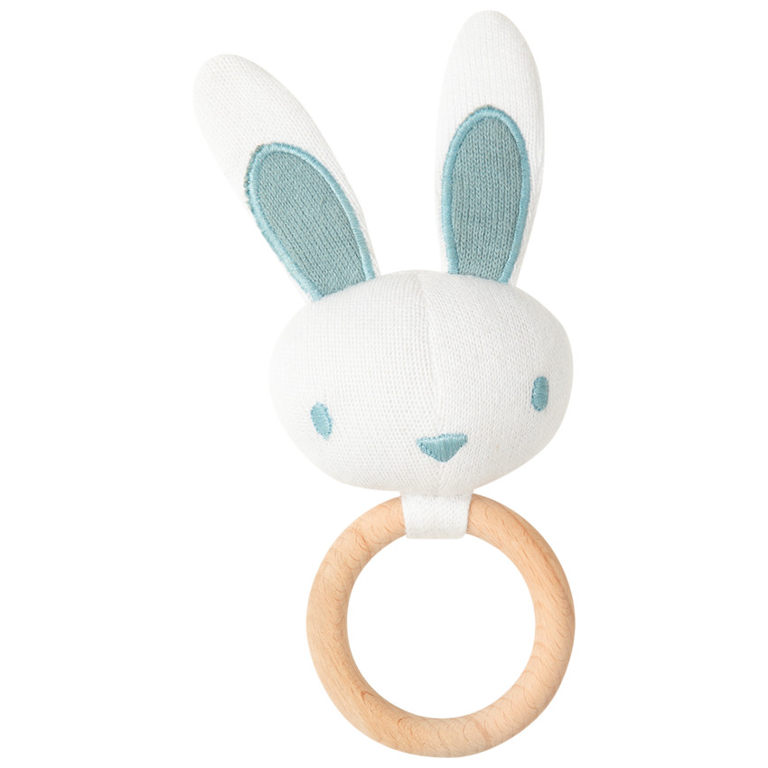 Hochet lapin bleu à anneau en bois Main Hochet lapin bleu à anneau en bois