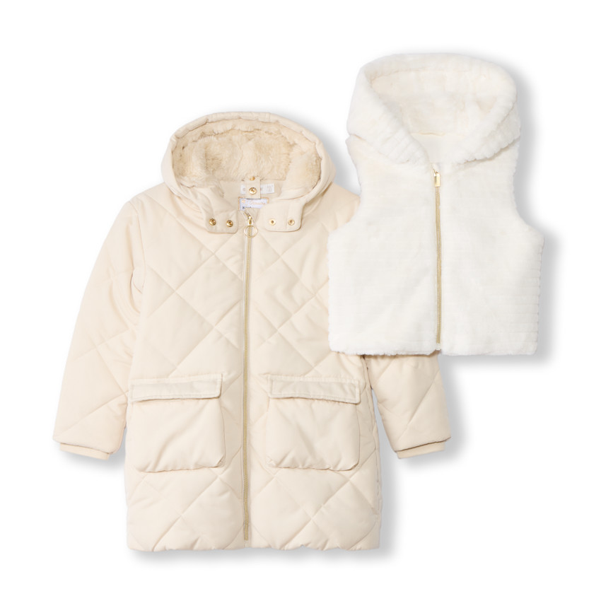 Doudoune manches longues en twill et sherpa + gilet pour fille 