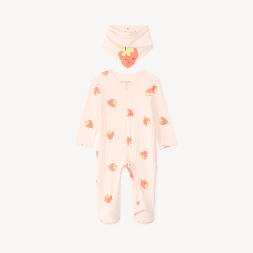 Dors-bien zippé à imprimé fraises + bavoir pour bébé fille