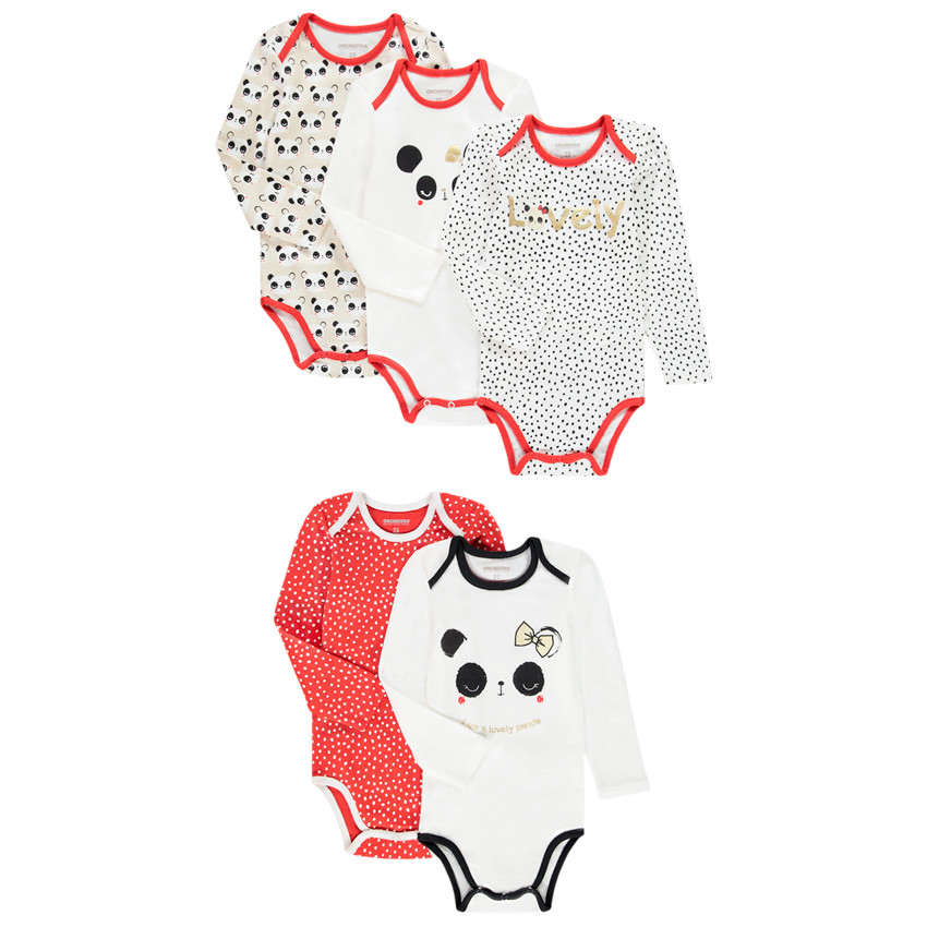 Lot de 5 bodies manches longues print panda pour bébé fille 