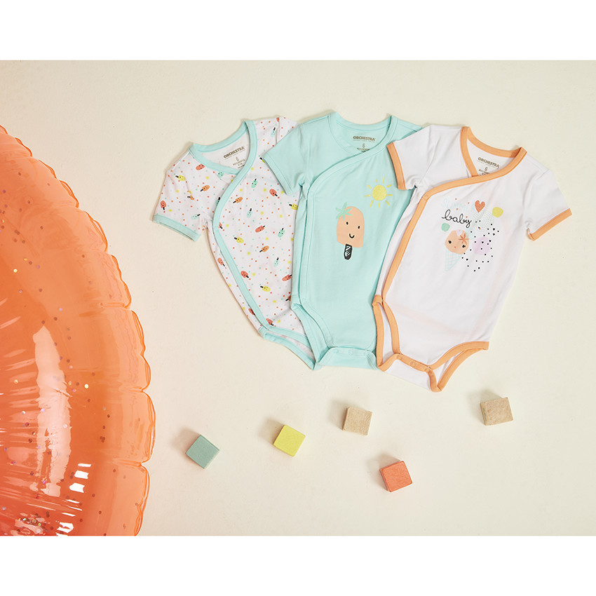 Lot de 3 bodies manches courtes fantaisie pour bébé fille - Ouvertures différentes selon l'âge 