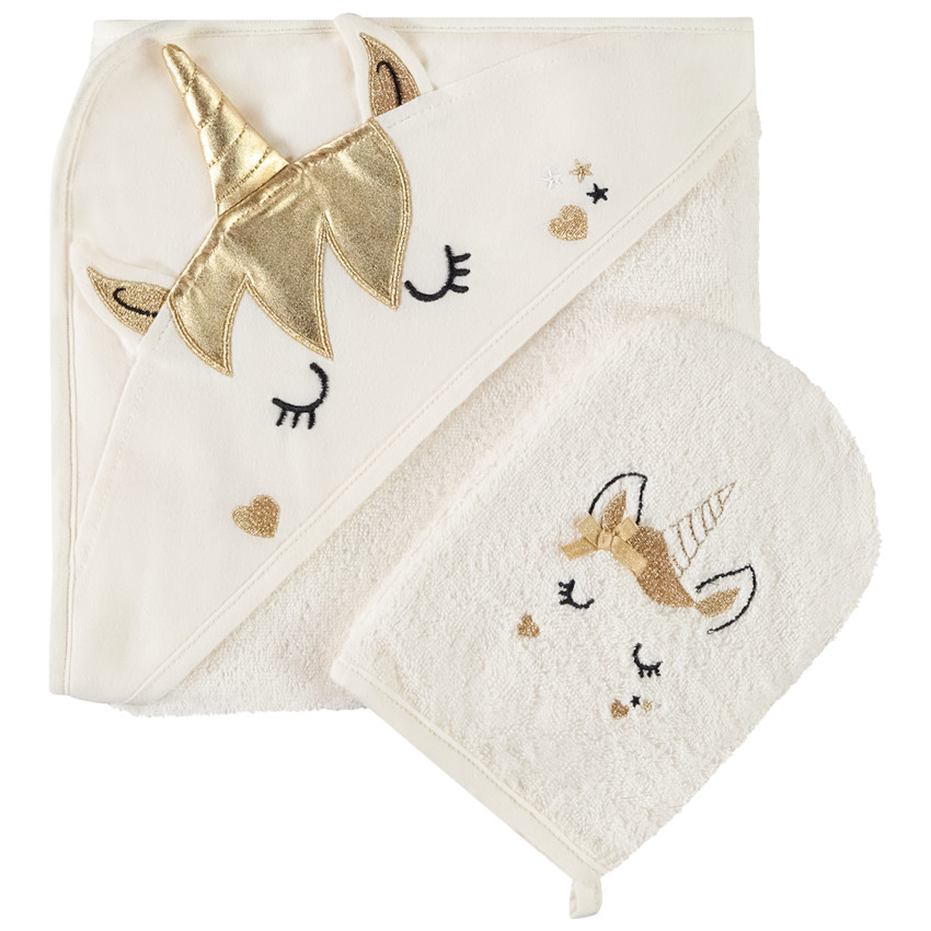 Set de bain cape + gant de toilette Licorne pour bébé fille